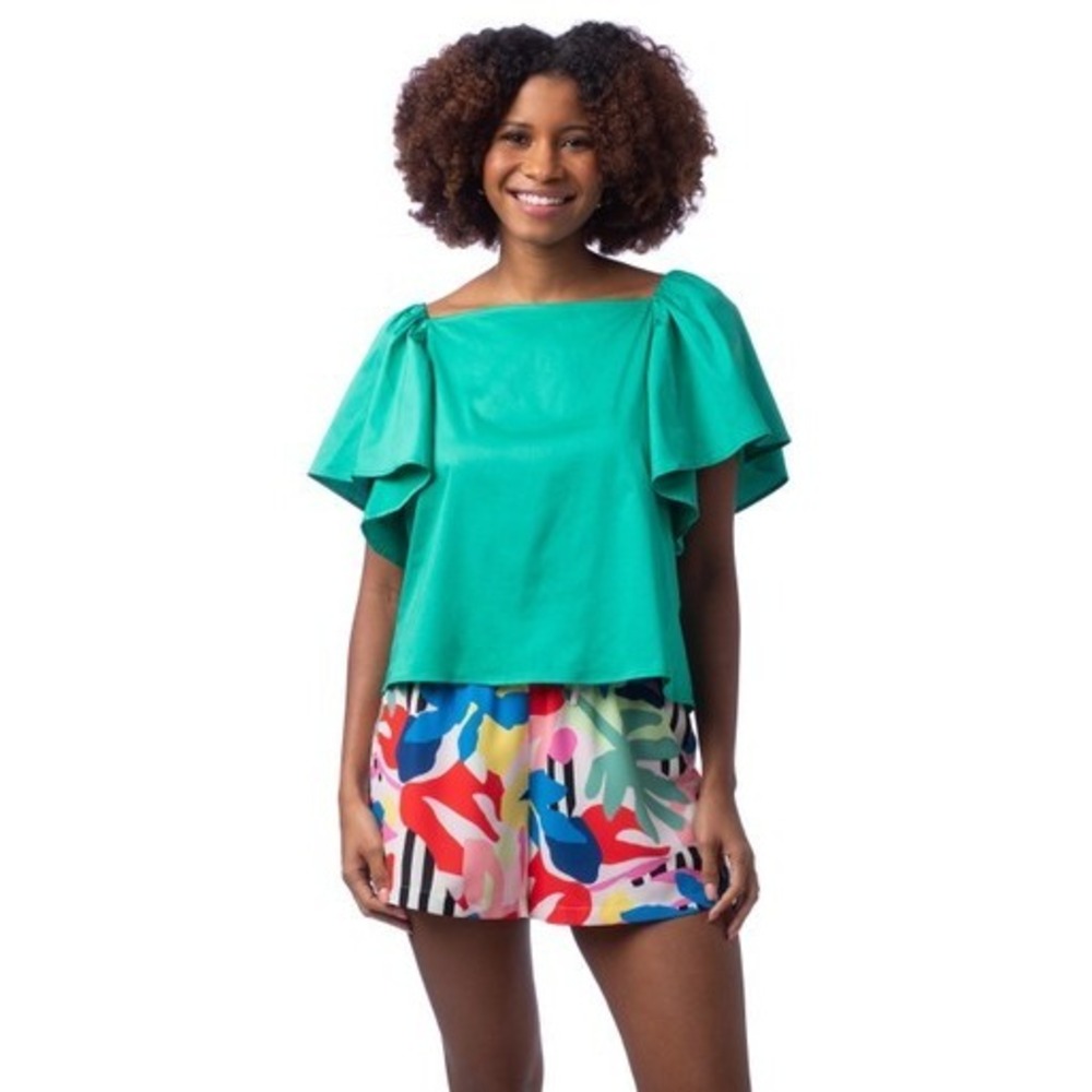 Crosby Mollie Burch Kelly Green Square Neck‎ Cotton Blouse Campbell Top Sz S
